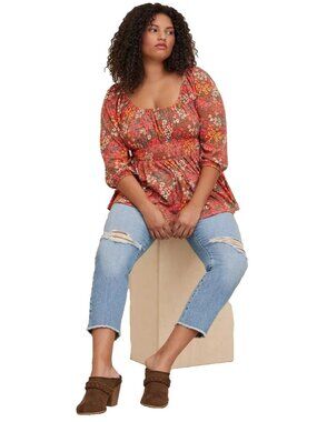 Torrid Peasant Blouse Top Orange Floral Textured Jersey Smocked Waist Plus 5X